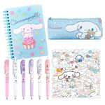 HASTHIP® 9Pcs Kawaii Cinnamoroll School Supplies Set, Kawaii Stationeries Supplies Set with Notebook, Pencil Pouch, Click Pens, Assorted Cinnamoroll Cartooon Stickers, Girls School Gift Set