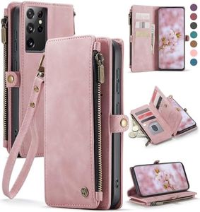 Defencase Compatible with Samsung Galaxy S21 Ultra Case Wallet with RFID Blocking Card Holder for Women Men, PU Leather Magnetic Snap Flip Zipper Strap Wallet Case Fit for Galaxy S21 Ultra 5G, Pink