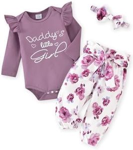 AMAWMW Baby Girl Clothes Set Daddys Little Girl Ruffle Romper Top Floral Pants Newborn Infant Baby Girl Outfit, Purple, 3-6 Months