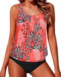 Yonique Two Piece Blouson Tankini Swimsuits for Women Modest Bathing Suits Loose Fit Swimwear Red Floral L