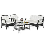 RELAX4LIFE 3PCS/4PCS Outdoor Furniture Set, Rattan Conversation Set Garden Table and Chairs Set with Cushion, Patio Sofa Set Wicker Conservatory Set for Backyard Poolside Lawn (4PCS-With Loveseat)