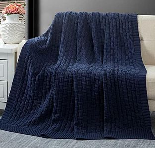 RUDONG M Navy Blue Cotton Cable Knit Throw Blanket, Cozy Warm Knitted Couch Cover Blankets, 50 x 60 Inch