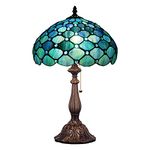 ZJART Tiffany Table Lamp Stained Glass Lamp 12x12x19 Inch Antique Reading Lamp (Sea Blue Pearl)