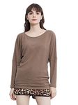 Anna-Kaci Womens Long Sleeve One Shoulder Sexy Plus Shirts Top Blouse,Coffee,X-Large