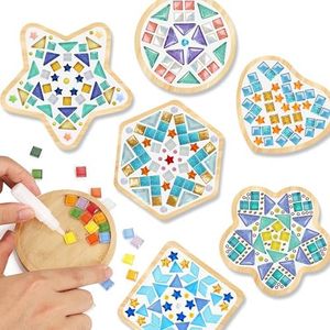 Joyclub 6 Sets DIY Glass Mosaic Tiles for Crafts Mosaic Kits for Adults and Kids with Wooden Coasters for Drinks Tray Creative Handmade Making Supplies Home Decor Art Christmas Gifts