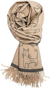 Women's Fringed Scarf Cat Print Pattern Cape Winter Cashmere Feel Shawl Warm Wrap Grey and Beige, Cat Grey and Beige