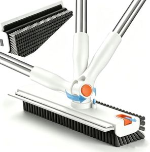 Floor Scrubber with 180° Adjustable Long Handle, 3 in 1 Floor Scrub Brush with Heavy-Duty Stiff Bristle, Shower Scrubber with Squeegee for Bathroom Garage Tile Glass Concrete White