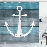 Ambesonne Anchor Shower Curtain, Rustic Nautical Themed Marine House Motif and Old Wooden Planks in Sea Ocean Tones Printed, Cloth Fabric for Bathroom Decoration with Hooks, 69" W x 75" L, Blue White