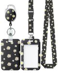 Uniclife Floral Sliding Badge Holder White Flower Plastic Black Case with Retractable Badge Reel Carabiner Clip and Detachable Lanyard Strap