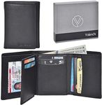 Valenchi - RFID Genuine Leather Trifold Wallet with Flap for Men and Women with 9 Card Slots, 2 Note Pocket Coin Pocket and ID Window (Black Nappa)