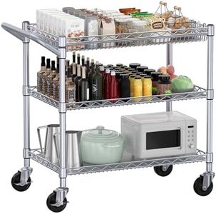 WDT Heavy Duty 3 Tier Rolling Utility Cart, Kitchen Metal Utility Carts with Handle Bar, Utility Shelf Plant Display Shelf Food Cart Storage Trolley with Wheels, Silver