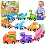 Cars for Toddlers 1-3,Topunny Number Train Toy Dinosaur Toys for 1 2 3 Year Old Boys Baby Montessori Toys Wooden Train Set for Kids Toys for 1 2 3 Years Boys Girls