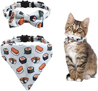 HACRAHO Bow Tie Cat Collar Bandana, 2 PCS Adjustable Bowtie Cat Collar Bandana with Bells Breakaway Cat Collar with Bell Accessories for Pets Cats, Sushi Pattern
