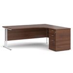 Office Monster Cooper right hand ergonomic desk 1800mm with white cantilever frame and desk high pedestal - walnut