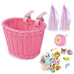 Flintronic Kids Bike Basket Handwoven Cycle Basket for Kids, Bicycle Basket For Girls Boys Childs, with Bike Accessories - Pink