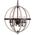 Q&S Farmhouse Chandelier,Rustic Retro Globe Vintage Chandeliers for Kitchen Island Dining Room Entryway Foyer Living Room Oak White 6 Lights UL Listed