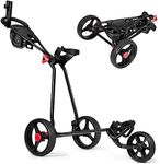 Costway 3 Wheel Golf Push Cart, Folding Collapsible Lightweight Iron Golf Pull Cart with Adjustable TPR Handle, Foot Brake, Include Umbrella/Scorecard/Golf Tee/Cup/Phone Holder, Mesh Bag, Easy to Open, Black