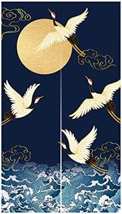 LIGICKY Noren Doorway Curtain Japanese Style Cranes Waves Gold Full Moon Printed Cotton Linen Window Treatment Door Tapestry for Home Decoration 33.5" Width x 59" Long, Navy Blue