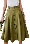 HERBATOMIA Midi High Elastic Waist A-line Skirt Pleated Casual Flared Button Front Long Green Skirts with Pocket for Women