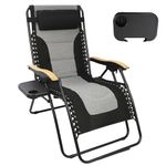 Northroad Oversized Zero Gravity Chair 29In XL Padded Folding Recliner Chair for Indoor Outdoor Backyard w/Headrest, Wooden Armrest,Cup Holder, Side Tray,Support 400lbs,Black/Gray