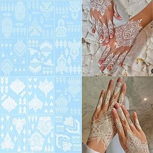 Xmasir 12 Sheets White Henna Tattoo Kit Waterproof Henna Tattoo Stickers for Women Wedding Party Temporary Henna Stickers (White)