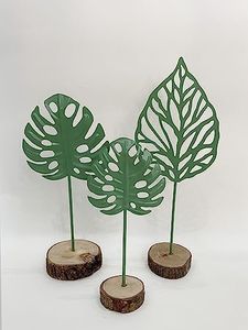 RISEON Set of 3 Green Metal Tropical Leaf Sculpture Statue with Wood Base Metal Iron Monstera Leaf Decorations Home Desktop Table Ornament Decor