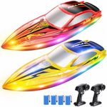 DEERC 2-Pack Fast RC Boats for Kids, Dual-Style Racing Set with LED Lights, 20 KPH High-Speed Remote Control Boats, 4×1200mAh Batteries, Waterproof Toy for Lakes & Pools