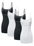 Sugar Sunday Women's Long Cotton Camisole with Shelf Bra Basic Cami Tank Top, 4 Pack - 2 Black, 2 White, Medium