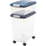 IRIS USA 13.6 Kg & 5 Kg Combo Airtight Dog Food Storage Container, Stackable Treat Box, Wheels, Keep Fresh, Easy Mobility, Navy