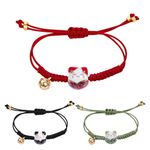 Yolev 3 Pieces Cat Maneki Neko Bracelet Cute Lucky Cat Ceramic Beads Bracelets Feng Shui Lucky Bracelet Fortune String Ceramic Beads Bracelet Lucky Charm Bracelets with Bell Adjustable