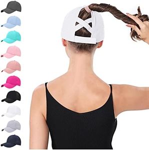 BUTITNOW New Upgraded Women Criss Cross Hat High Ponytail Baseball Caps Adjustable High Messy Bun Ponycap Trucker Hats, A1-White, Medium