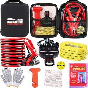 LIANXIN Car Roadside Emergency Kit, with Jumper Cables Automotive Kit,Car Safety Roadside Assistance Kit Headlamp,Tow Straps, Safety Hammers, Rainwear, Gloves.Black