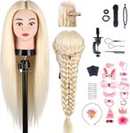 TwoWin Hairdressing Training Head, 24 Inch 80% Real Hair Manikin Cosmetology Doll Head Mannequin Hair Styling with Clamp Stand and Accessories, Blonde, Suitable for Straightening, Curling, Perming