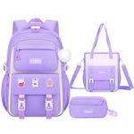 KEBEIXUAN Backpacks for School Girls Water Resistant School Bag Kids Kawaii Bookbag Teen Backpack Set With Cute Fur Balls and Badges (Purple)