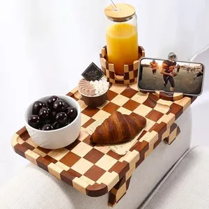 Nnewvante Couch Armrest Tray,3 in 1 Large 15.36"x9.85" Rubberwood Sofa Arm Cup Holder Clip on Side Table with 360°Rotated Phone/Drink Holder