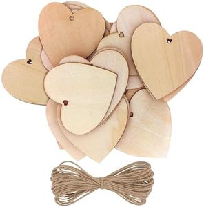Kurtzy Set 50 Cuori Legno con Spago da 10m - 10x10cm Decorazioni Legno Forma Cuoricini di Legno Grezzi con Fori - Cuoricini Decorativi per Matrimoni, Feste, Regali ed Arte - Cuori di Legno Decorazioni