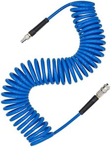 YOTOO Air Compressor Hose Polyurethane Recoil 10m Long 6mm ID x 9.5mm OD with Bend Restrictor, 1/4" Europe Quick Coupler and Plug, Blue