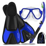 WACOOL Adults Snorkeling Snorkel Scuba Diving Package Set Gear with Travel Full Foot Short Swim Pocket Fins Anti-Fog Coated Glass Silicon Mouth Piece Purge Valve and Anti-Splash (Blue,XL)