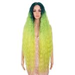 Style Icon 41" Ombre Green Yellow Lemon Wig Lace Front Wigs Long Wavy Synthetic Wigs with Baby Hair Half Hand Tied 130% Density Wigs (41", GTGN3/YEW3/LEMON)