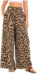 OYOANGLE Women's Leopard Print Elastic High Waist Wide Leg Pants Tie Front Pockets Loose Casual Trousers Khaki Medium