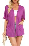 Womens Magenta Plus Size Short Sleeve Kimono Cardigans V Neck Open Front Lightweight Summer Cardigan Casual Beach Cover Up Curved Hem with Pockets,3XL