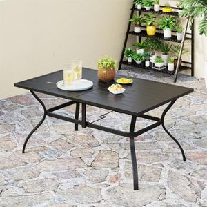 PHI VILLA Outdoor Patio Dining Table, 60 Inches Large Rectangle Dining Table for 6-8 Person with Umbrella Hole, Classic Black
