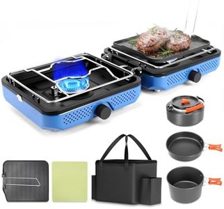 Hisencn 2 Burner Propane Camping Stove, 30000 BTU Foldable Portable Gas Stove with Cookware Set & Carry Bag, Outdoor Cooking for Camping, RV, Emergency Use, Blue