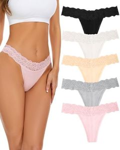 VOENXE Seamless Lace Thongs for Women No Show Thong Underwear,Lady Breathable Comfort Panty Soft Laser Cut Undie,Tanga,5-Pack