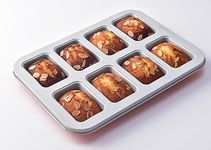 Mini Loaf Baking Pan 8 Cavity- Small Rectangle cake Pan -Financier Cake Mold Carbon Steel light gray non-stick coating bakeware w Perracotta base