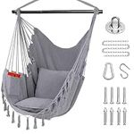 Klhamky 59"×47" Hammock Chair Swing with Hanging Hardware Kit- Beige, Cotton Canvas, Include Two Seat Cushions, for Bedroom Indoor Outdoor, Max. Weight 330 Lbs (Medium Grey)