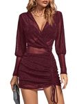 Rooscier Women's Sheer Mesh Glitter Wrap V Neck Long Sleeve Ruched Drawstring Bodycon Mini Dress, Purplish Red, M