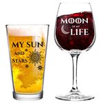Moon of My Life My Sun and Stars Wine and Beer Glass Set for GOT Fan Couples- 12.75 oz Wine Glass & 16 oz Beer Pint Glass- Present for Mom and Dad- Inspired by GOT- Husband Wife Gift