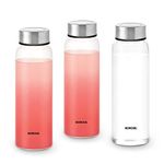 Borosil Crysto Glass Water Bottle, Fridge Bottle Set of 3, Borosilicate Glass, Extreme Temperature Resistant, For Hot & Cold Water, Milk, Lassi, Juice, Steel Lid, 750 ml, Stylish & Transparent