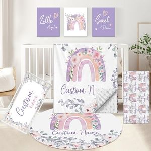KAINSY Personalized Baby Bedding Set, 5 Pcs Custom Baby Crib Set with Name, Soft Flannel Rainbow Crib Bedding Set for Girls, Double Layer Nursery Bedding Set, Infant Toddler Bedding Set Parents Gift